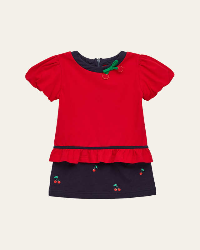 Girl's 2-Piece Embroidered Cherry Bubble-Sleeve Top & Skort Set, Size 2-6